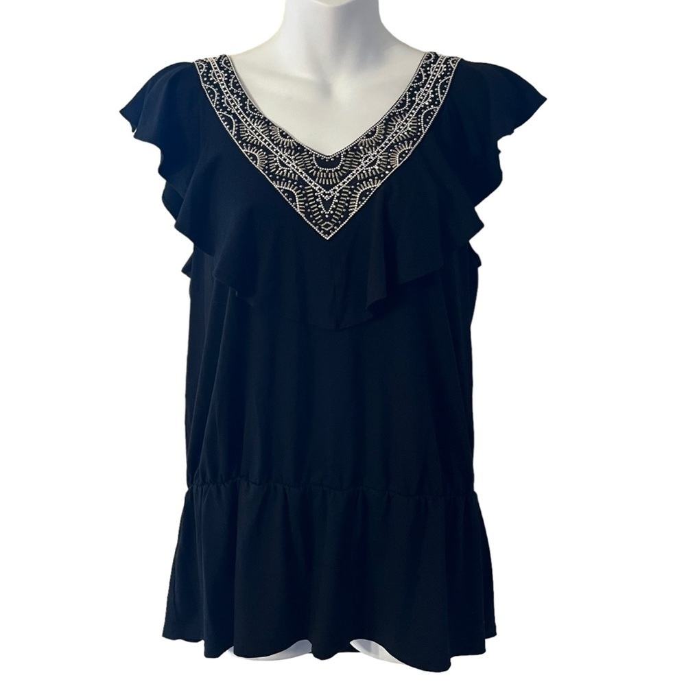 WHBM beaded flutter sleeve v-neck blouse size L